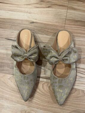 Anthropologie Metallic Gold Patterned Pointed Bow Mules